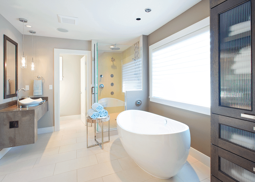 Contemporary bathroom design with large window
