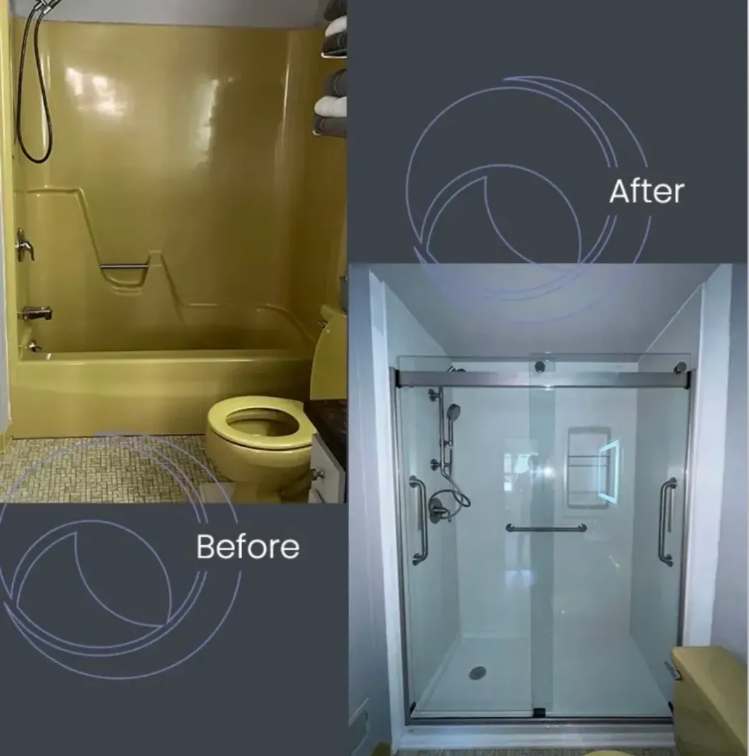 Bathroom transformed from outdated to modern glass shower and sleek design.