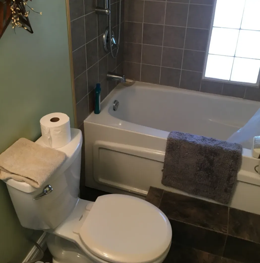 Small bathroom with toilet, bathtub, and towels.