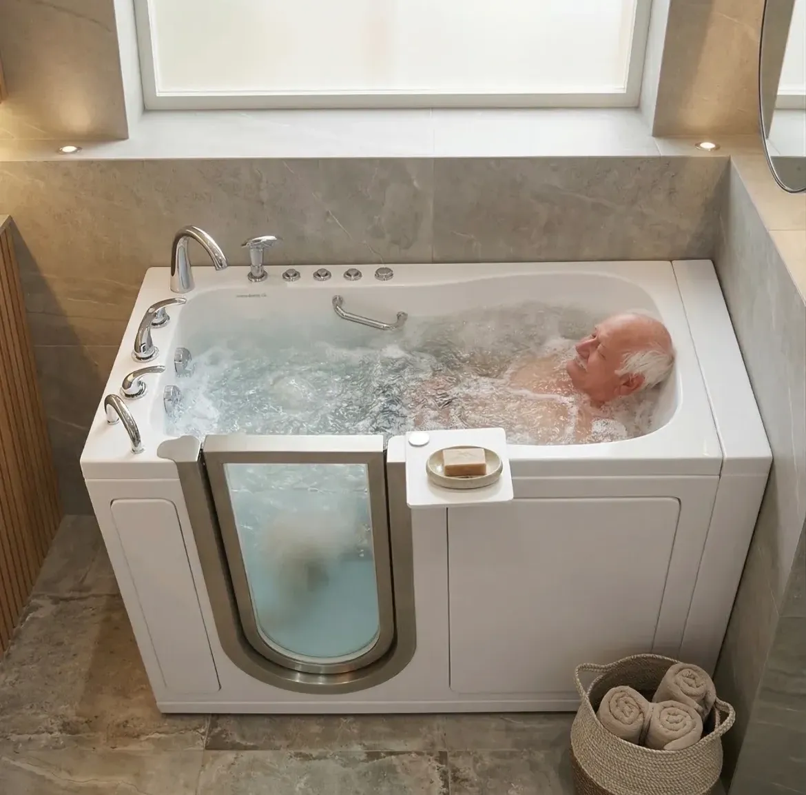 A walk-in bathtub with water and a person inside for easy access and safety.