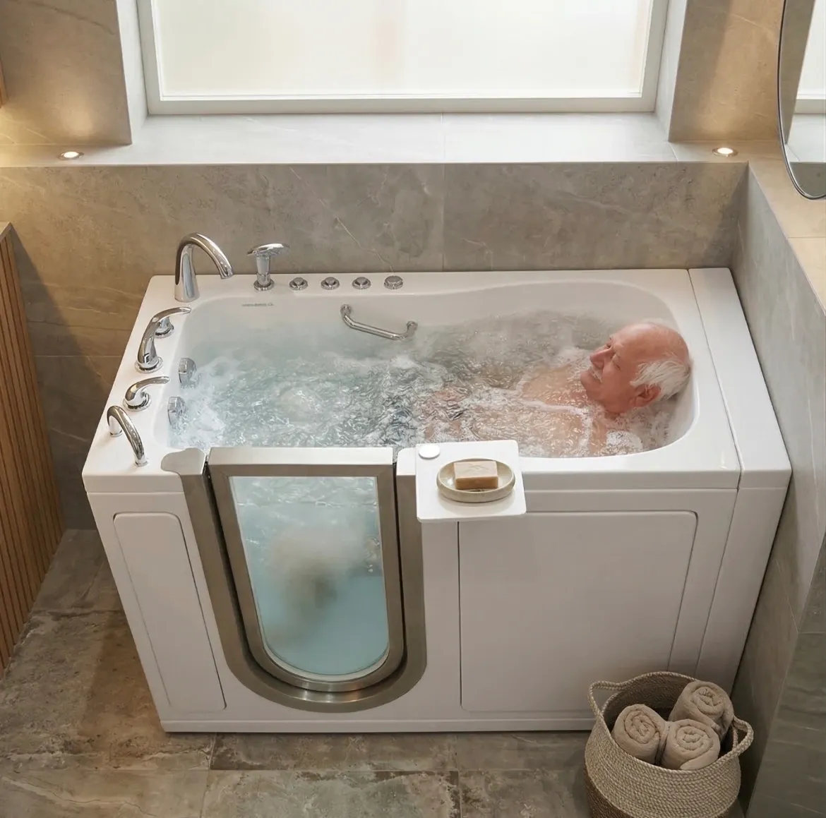 A filled walk-in bathtub with water and a person inside.